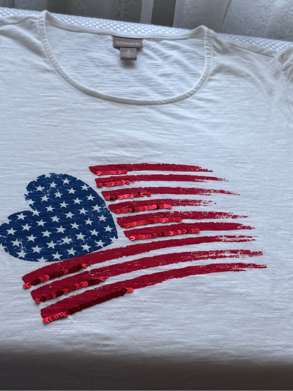 Chico's White Short Sleeve Tee with Red Sequin & Navy Star Heart Flag
